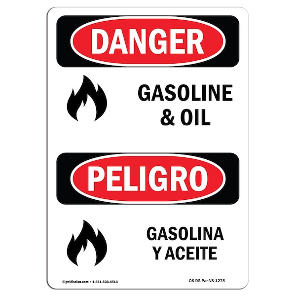 Safety Sign, OSHA Danger, 5" Height, Gasoline And Oil Bilingual Spanish, 10PK